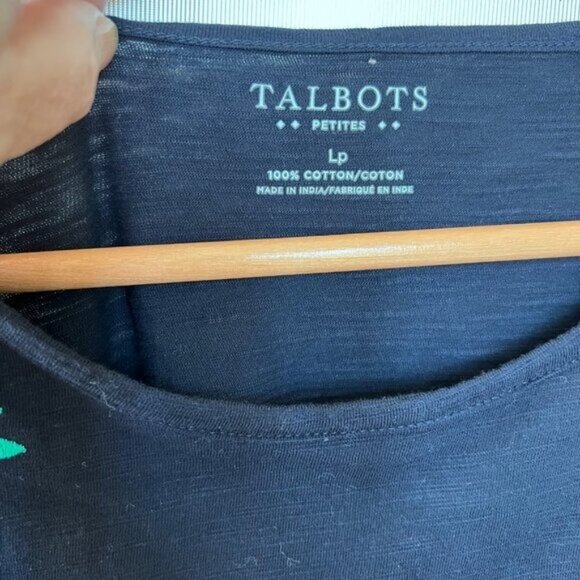 Talbots Petites Navy Embroidered Cap Sleeve T-Shirt Lp 100% Cotton, Large Petite - Picture 4 of 9